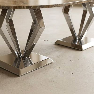 Honed Travertine Table with Brushed Steel Base — detail