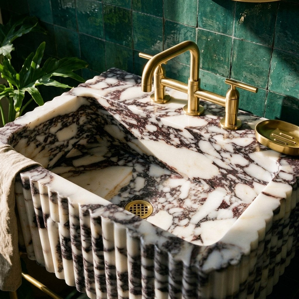 Calacatta Viola Fluted Polished Marble Sink — premium — view 2
