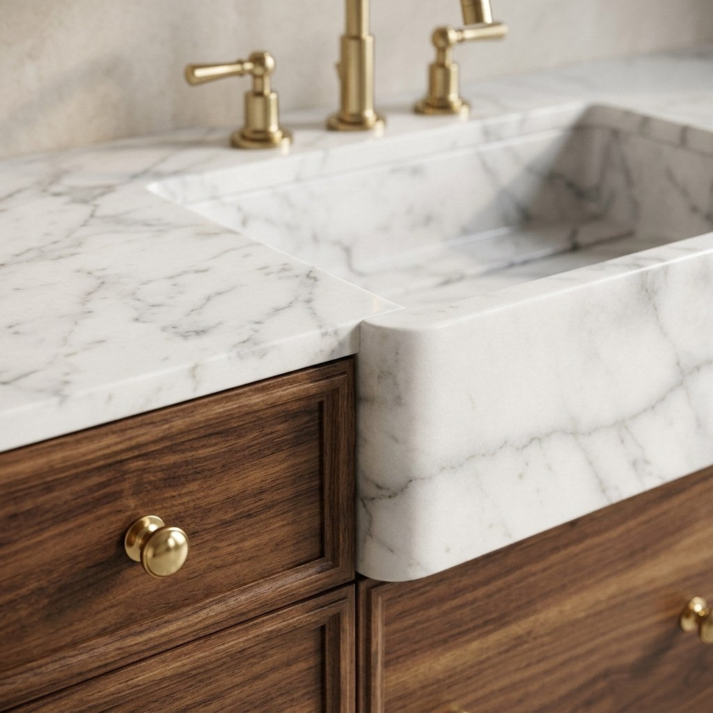 Carrara Marble Polished Double Apron Sink Vanity — detail — view 4