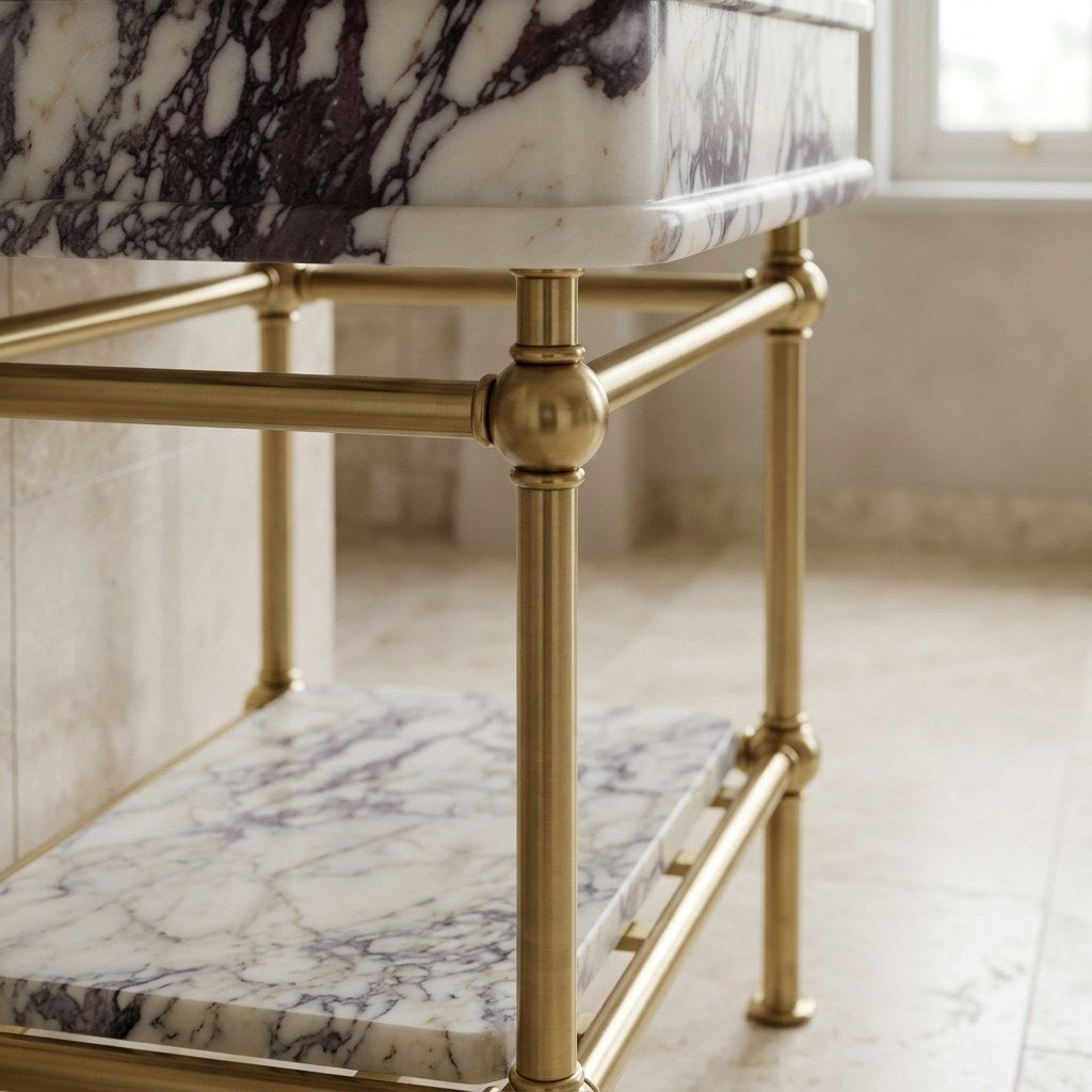 Calacatta Viola Honed Marble Sink with Brass Stand — detail — view 4