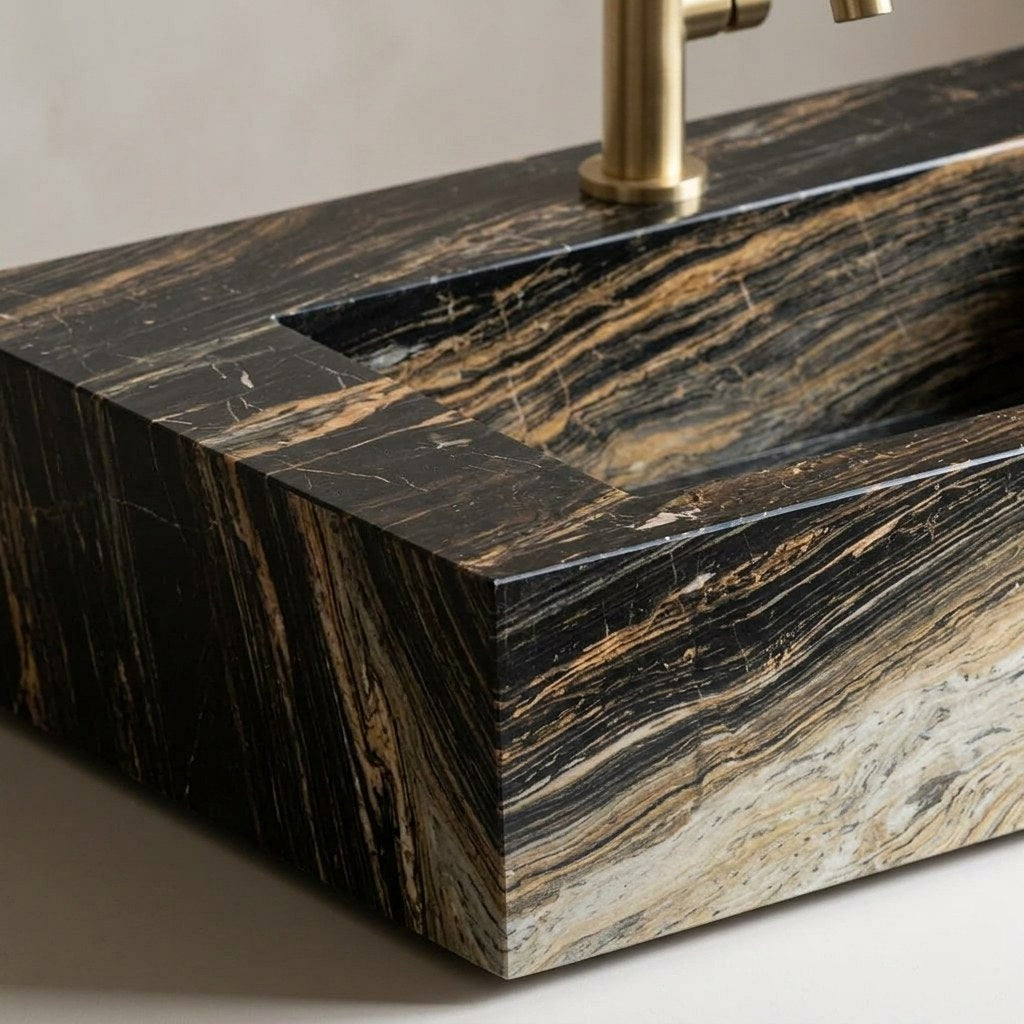 Picasso Polished Marble Rectangular Sink with Faucet Hole — marble detail — view 3