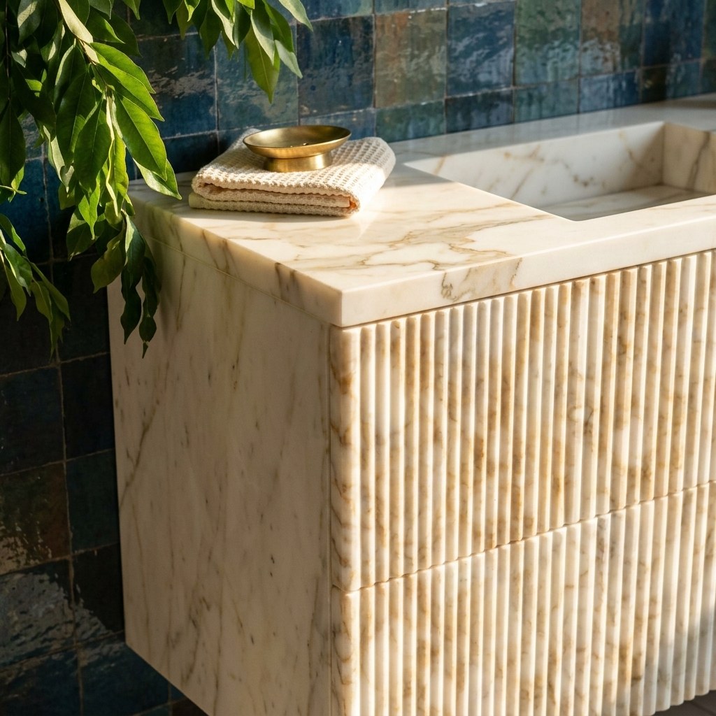 Calacatta Gold Fluted Marble Vanity with Wood Cabinet — premium — view 2