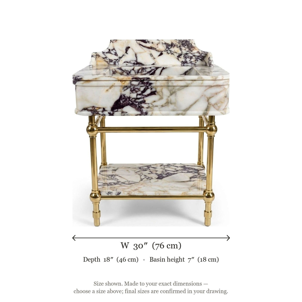 Calacatta Viola Marble Sink with Brass Stand and Backsplash — dimensions — view 5