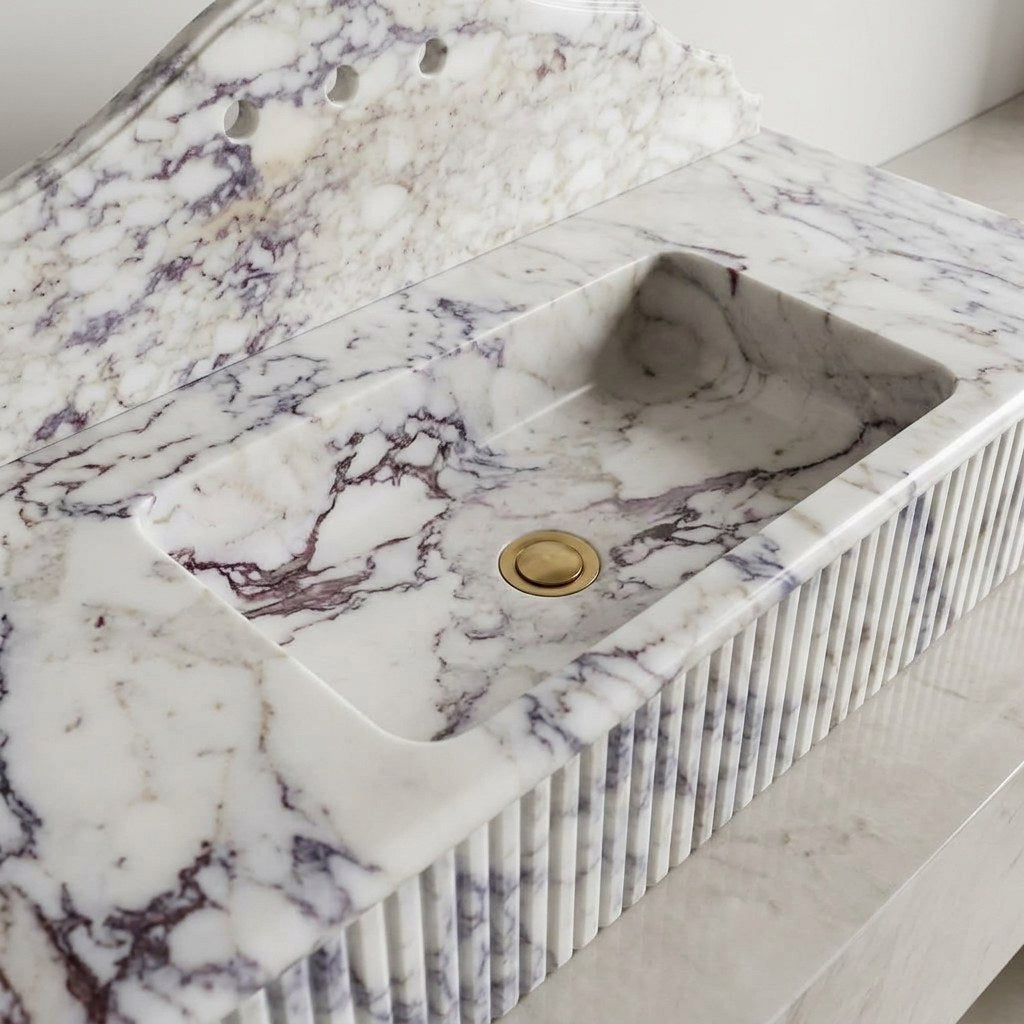 Calacatta Viola Fluted Marble Sink with Backsplash — detail — view 4