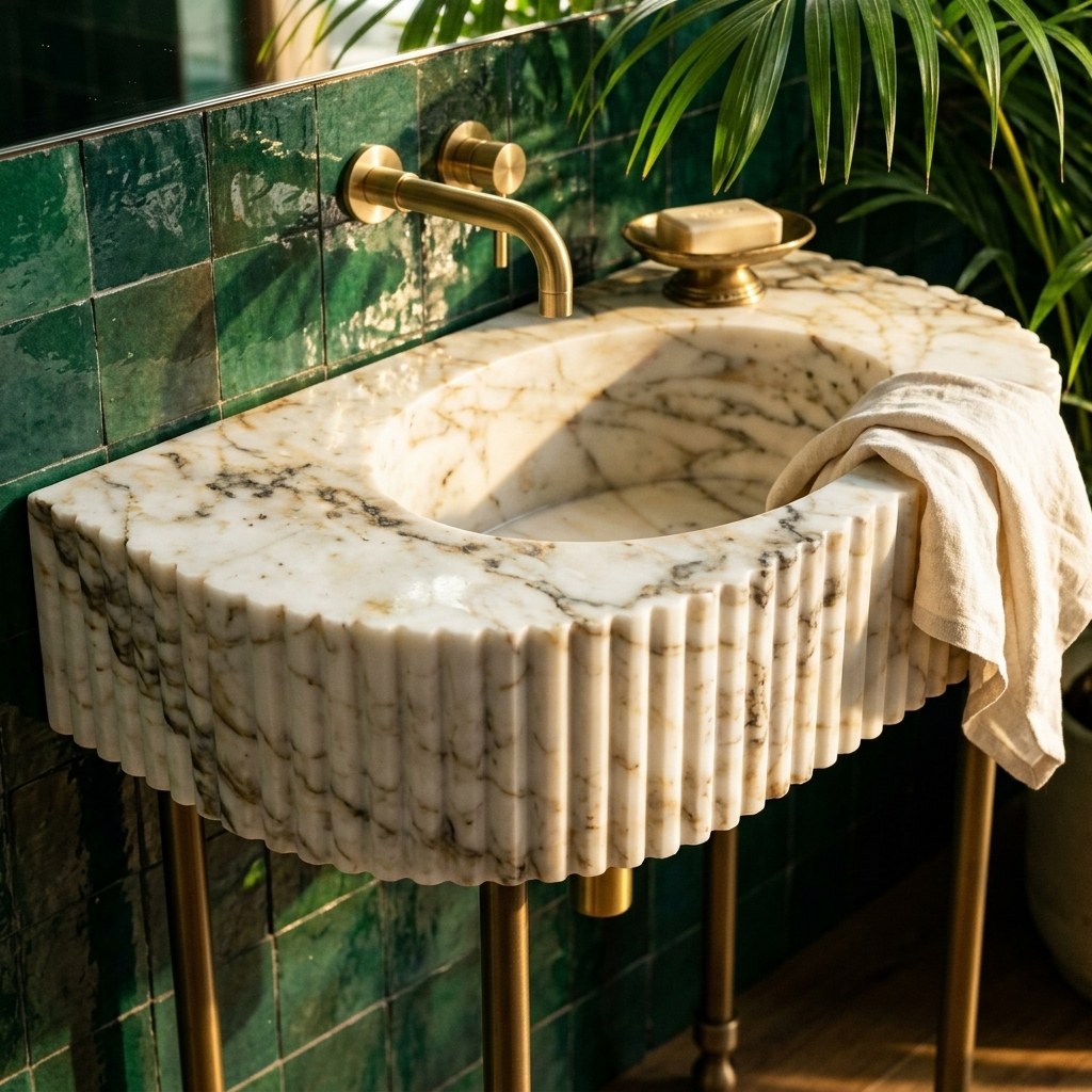 Calacatta Gold Fluted Marble Sink with Antique Brass Stand — premium — view 2