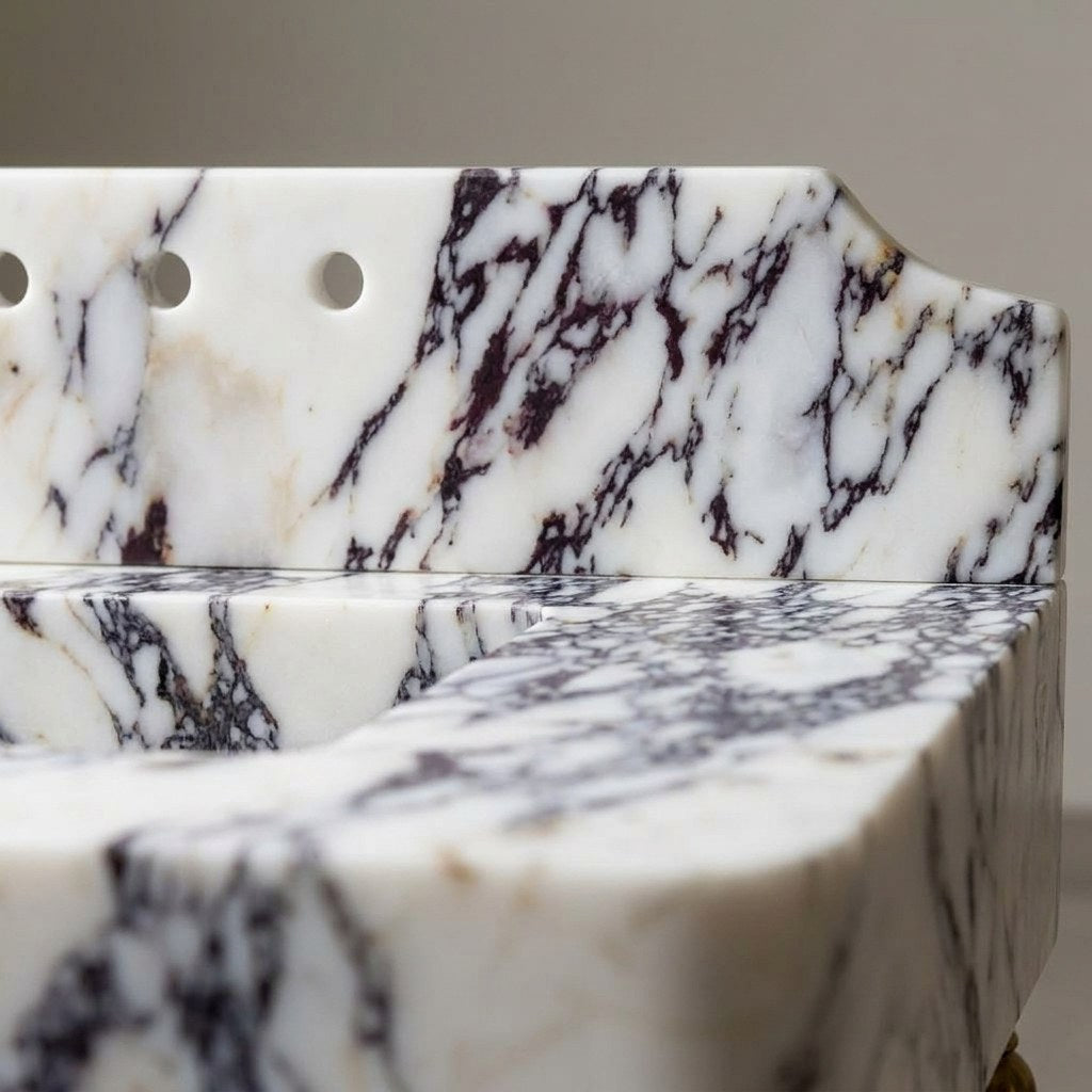 Calacatta Viola Marble Sink with Brass Stand and Backsplash — marble detail — view 3