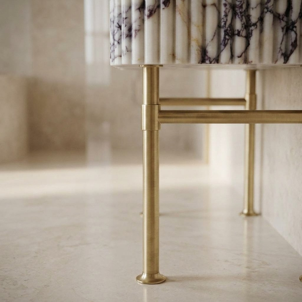 Calacatta Viola Fluted Marble Sink with Brass Stand — detail — view 4