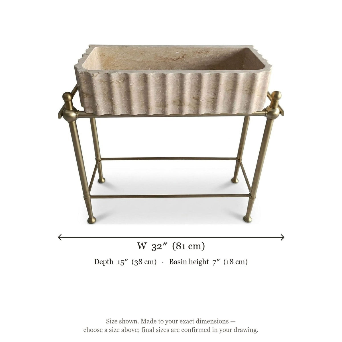 Polished Travertine Fluted Sink with Brass Stand — dimensions — view 5
