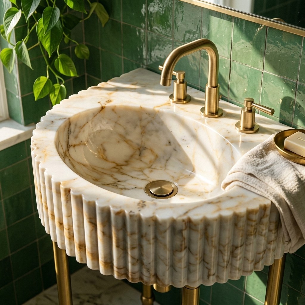 Calacatta Gold Fluted Marble Sink with Brass Stand — premium — view 2