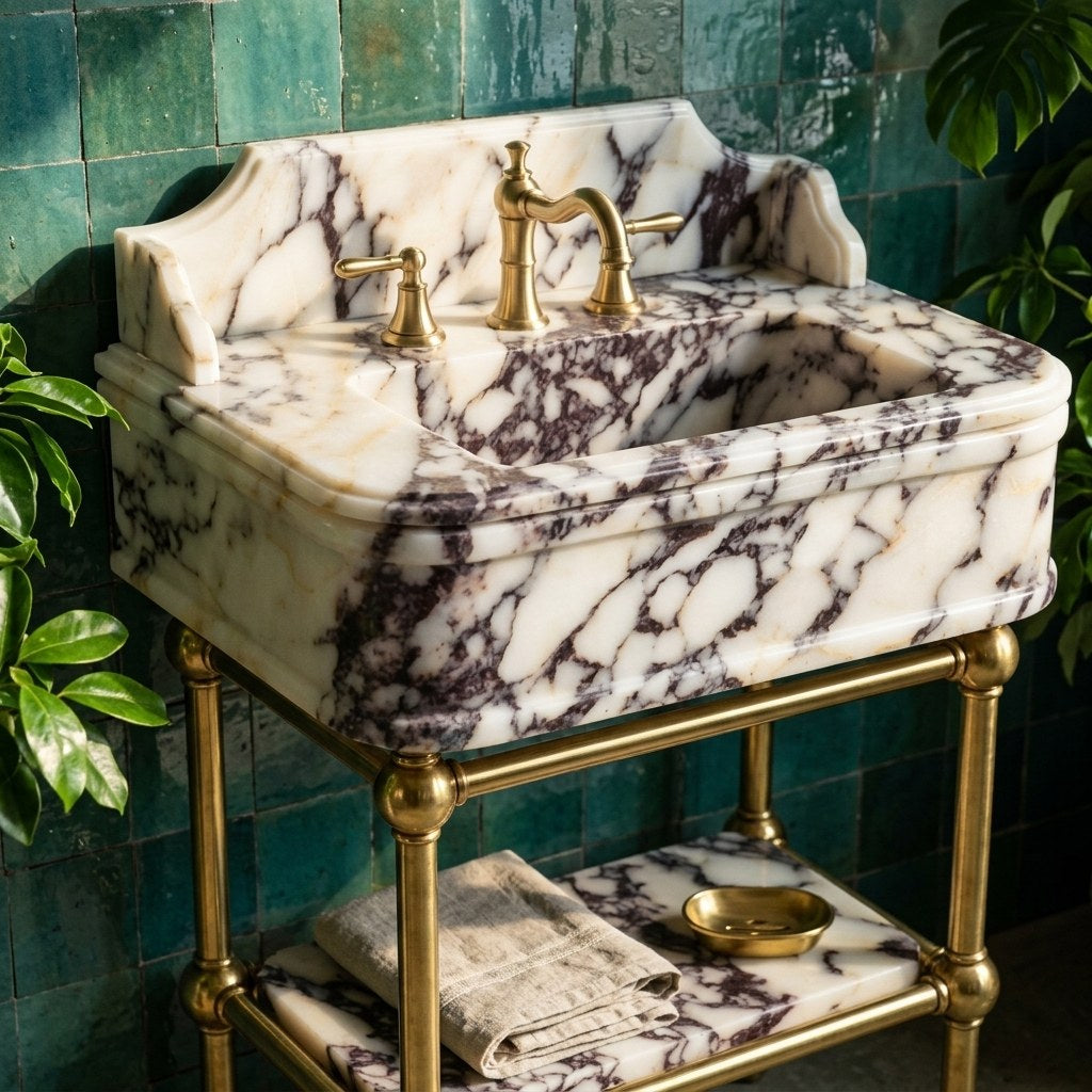 Calacatta Viola Marble Sink with Brass Stand and Backsplash — premium — view 2