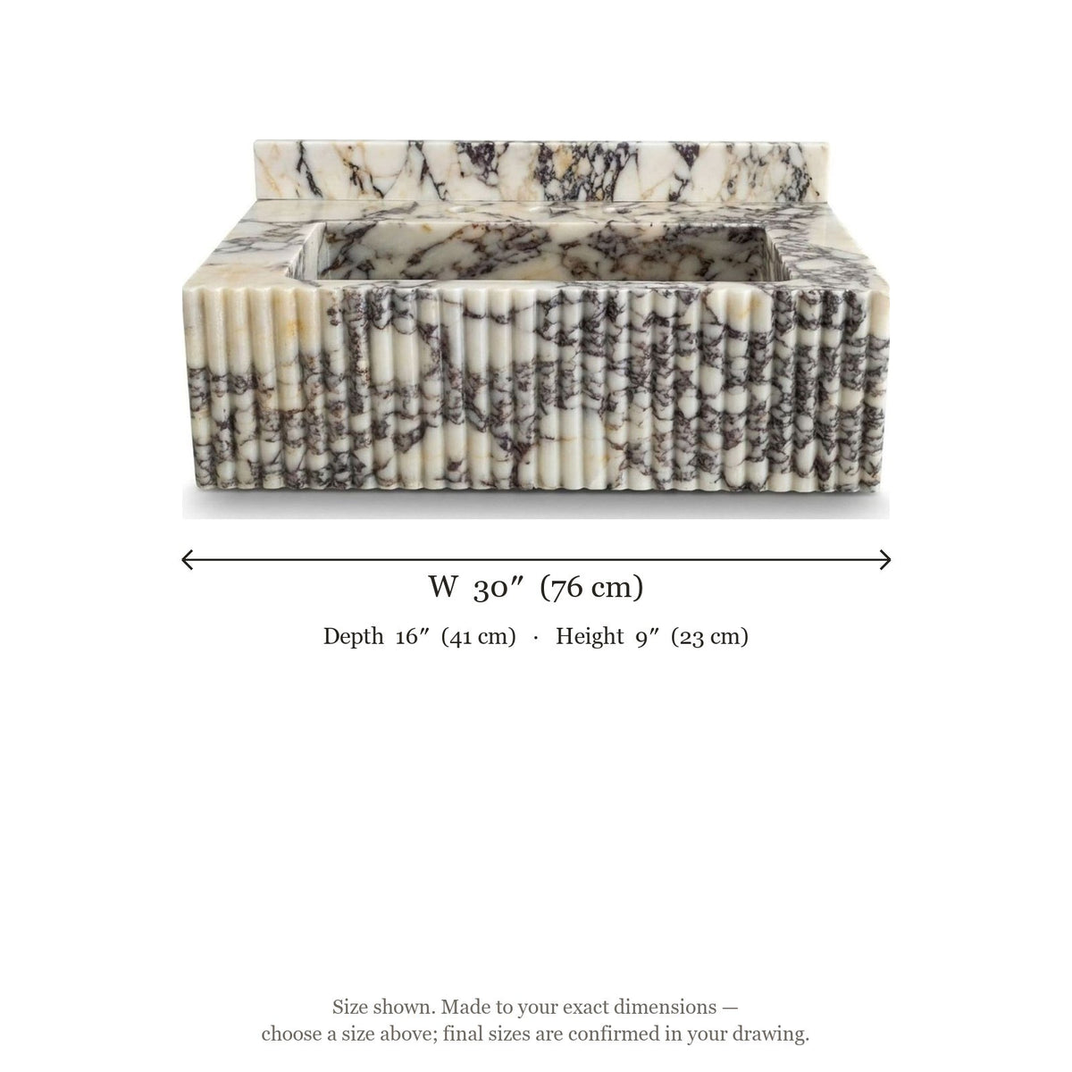 Calacatta Viola Fluted Marble Sink with Backsplash — dimensions — view 5