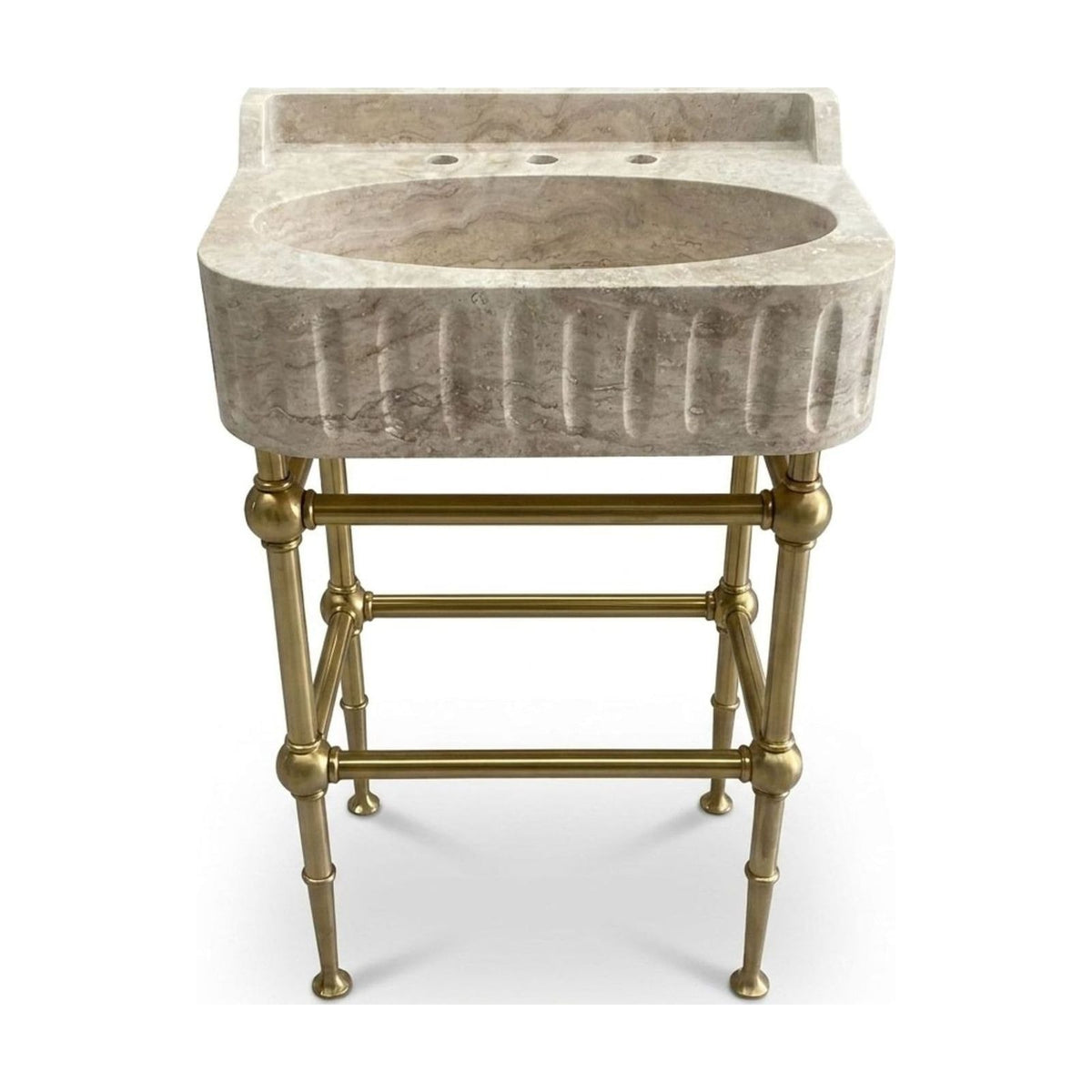Travertine Fluted Travertine Sink with Brass Stand and Backsplash — view 1