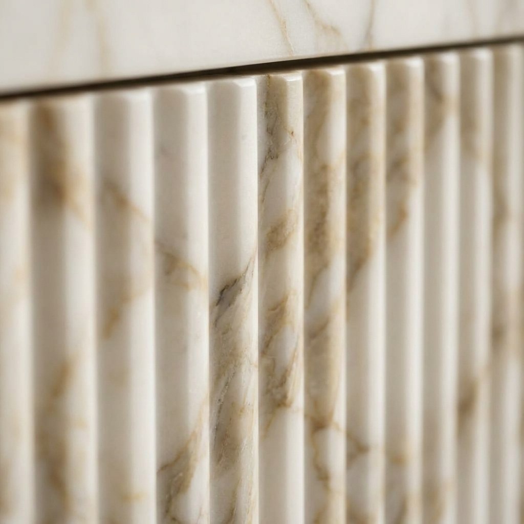 Calacatta Gold Fluted Marble Vanity with Wood Cabinet — marble detail — view 3