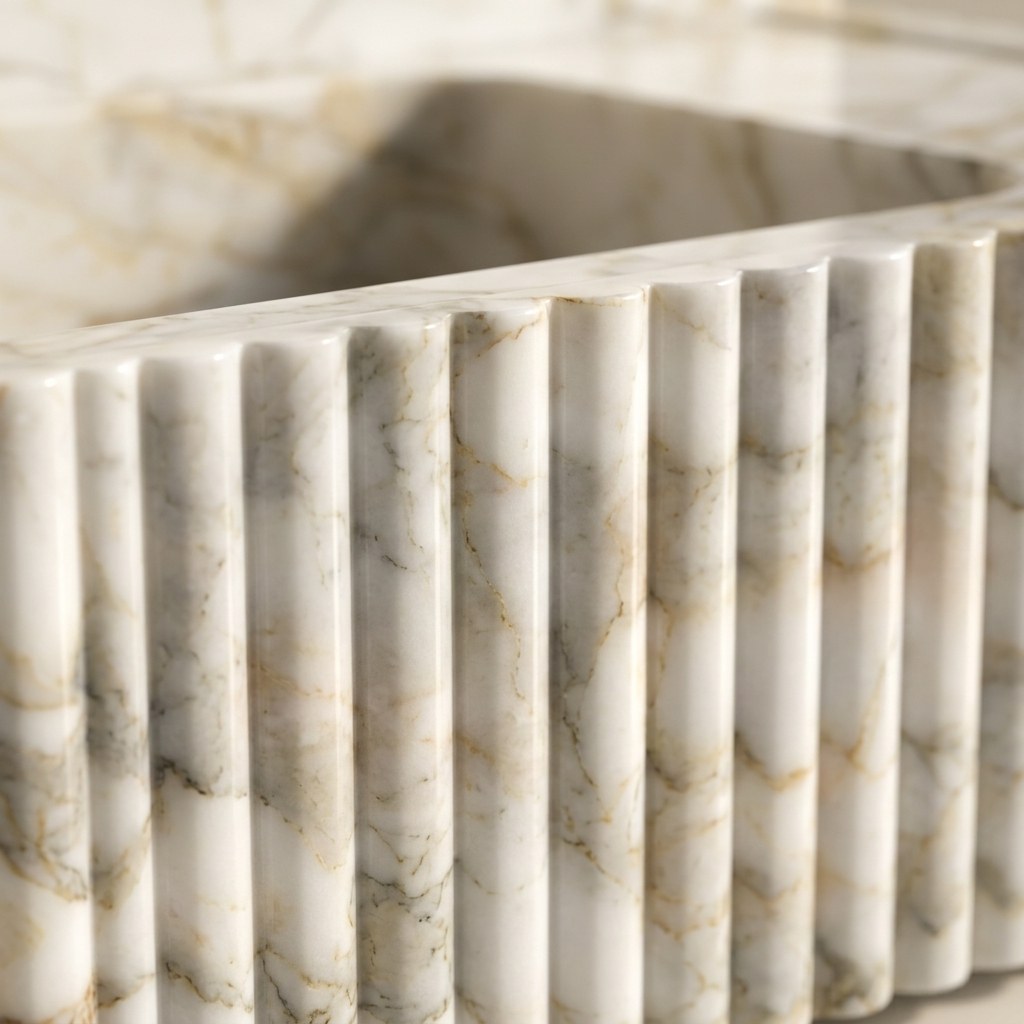 Calacatta Gold Fluted Marble Sink with Backsplash — marble detail — view 3