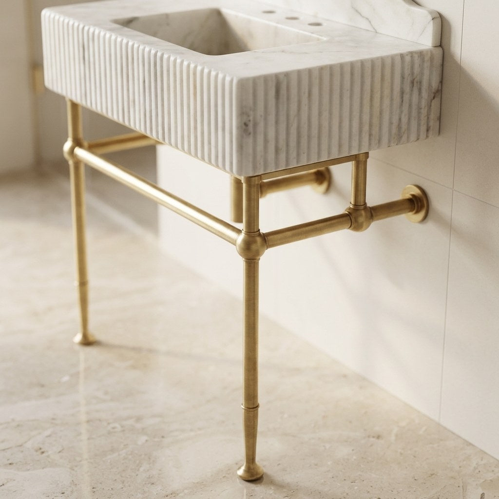 Carrara Fluted Marble Sink with Brass Stand — detail — view 4