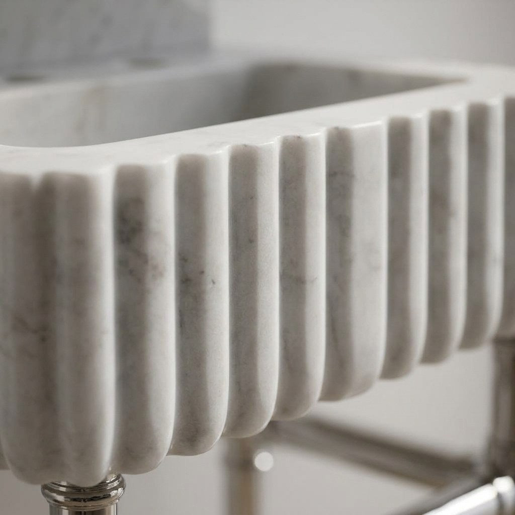 Carrara Fluted Marble Sink with Brushed Steel Stand — marble detail — view 3