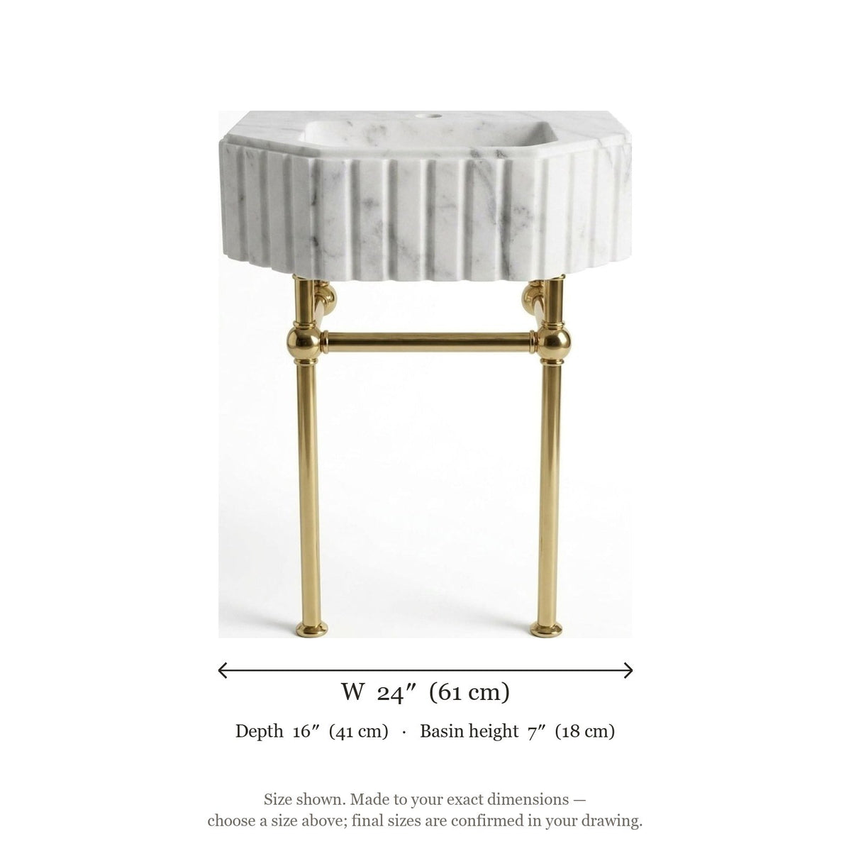 Carrara Fluted Marble Sink with Brass Stand — dimensions — view 4