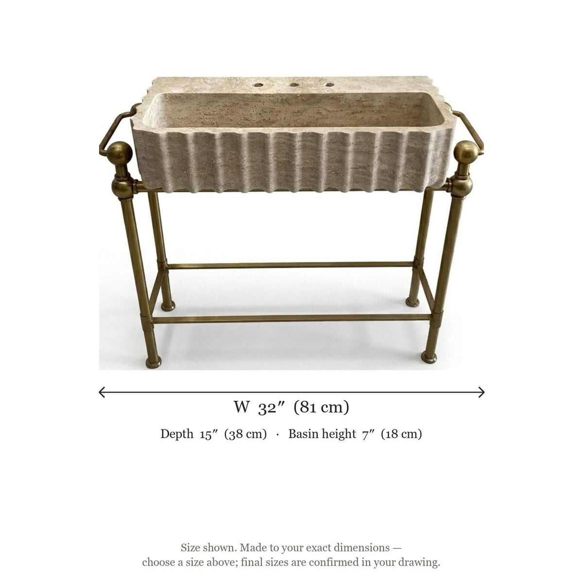 Travertine Fluted Sink with Brass Stand — dimensions — view 5