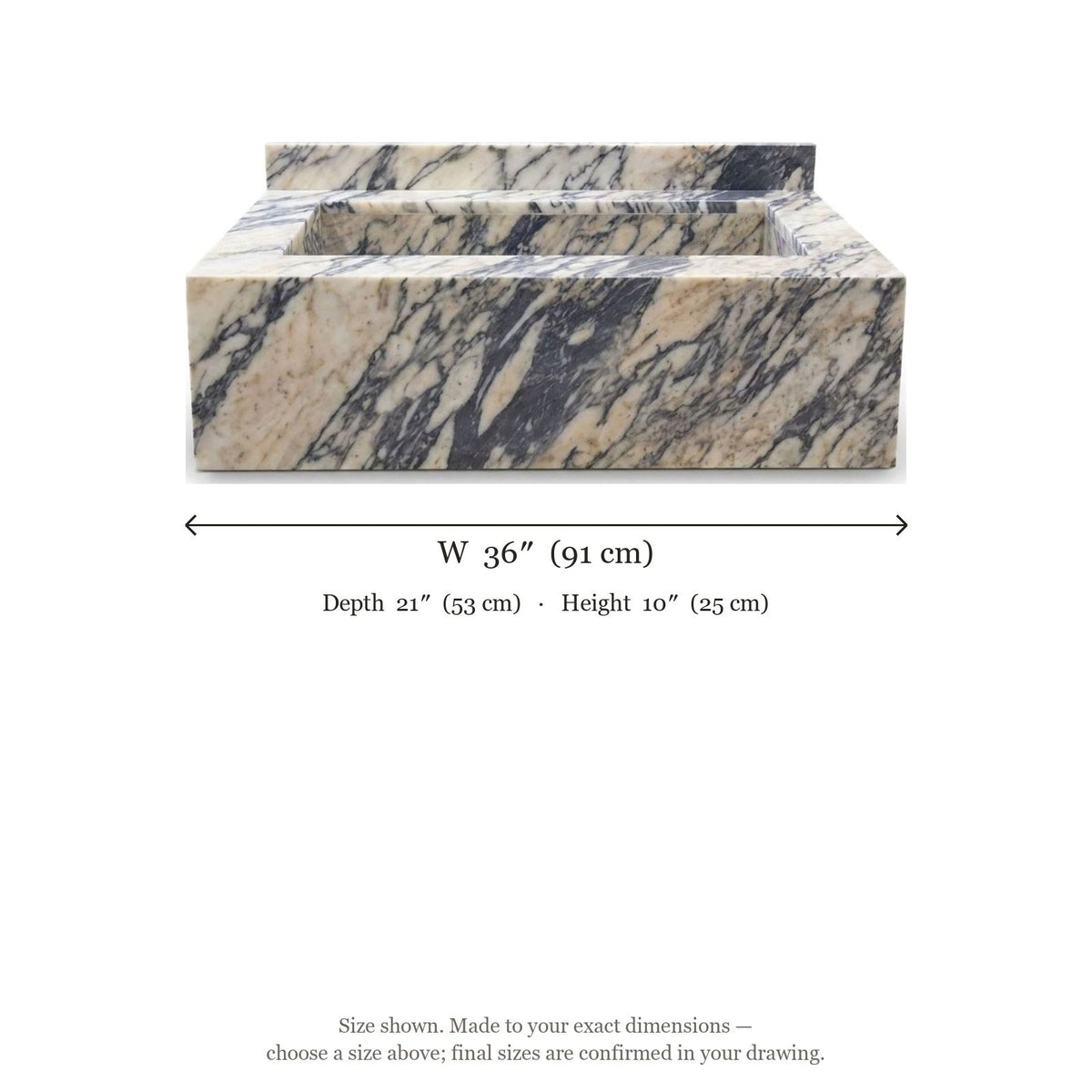 Calacatta Viola Honed Marble Sink with Backsplash — dimensions — view 5