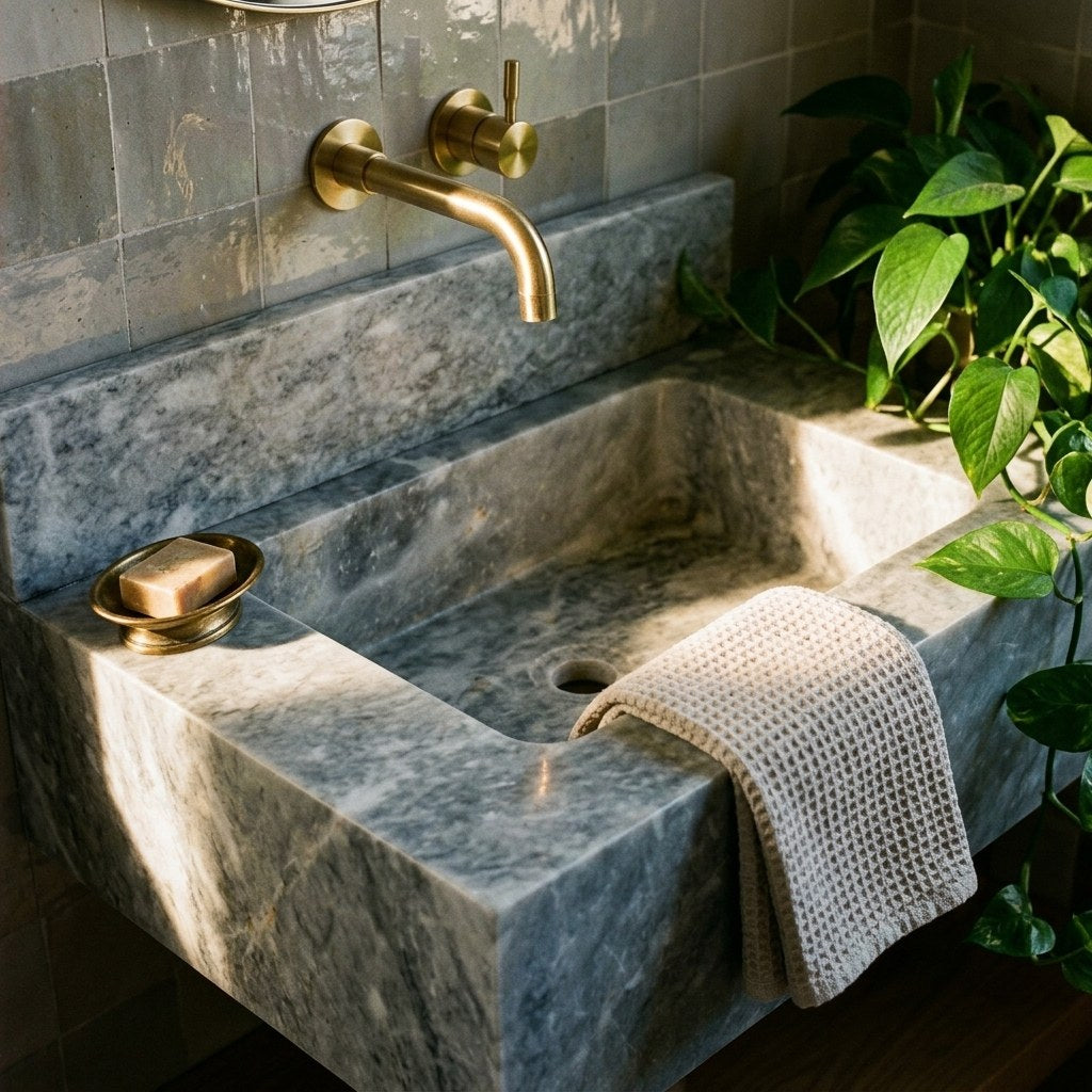 Polished Grey Marble Sink with Backsplash — premium — view 2