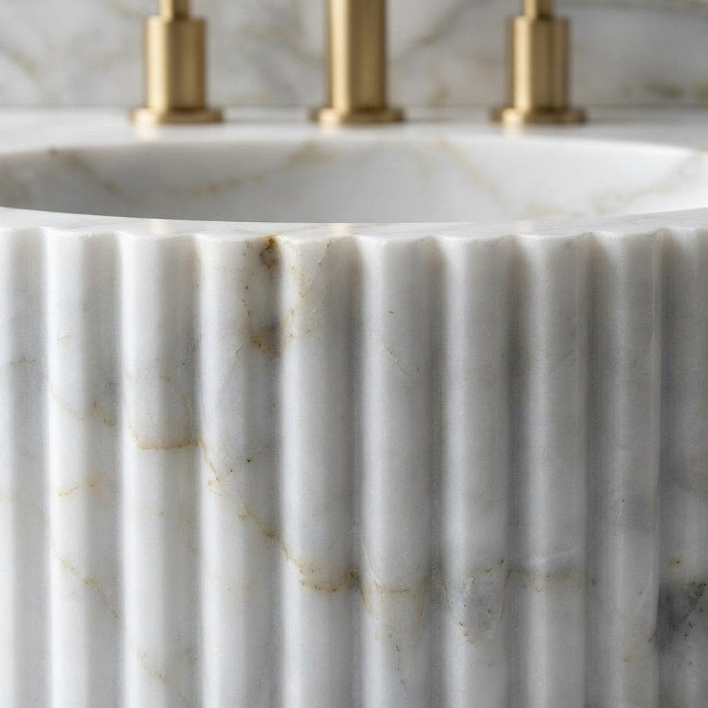 Carrara Fluted Marble Sink with Backsplash — marble detail — view 3
