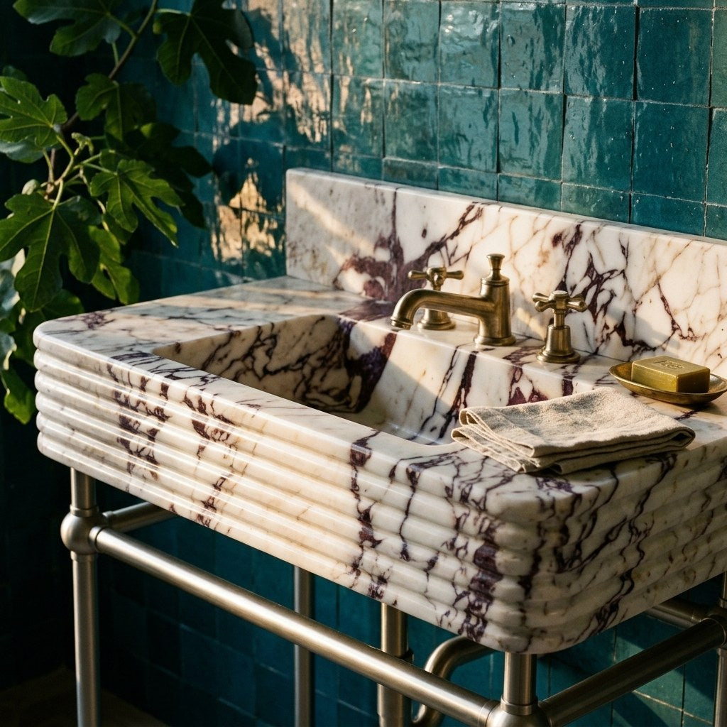 Calacatta Viola Fluted Marble Console Sink with Brushed Steel Stand — premium — view 2