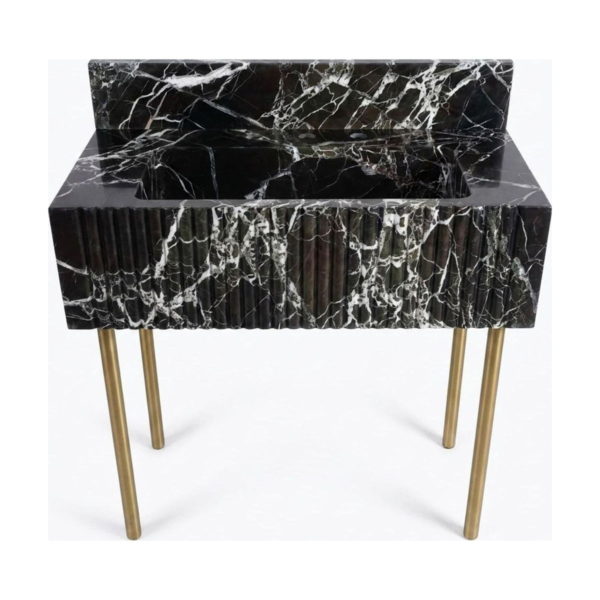 Verde Fluted Marble Sink with Brass Stand and Backsplash — view 1