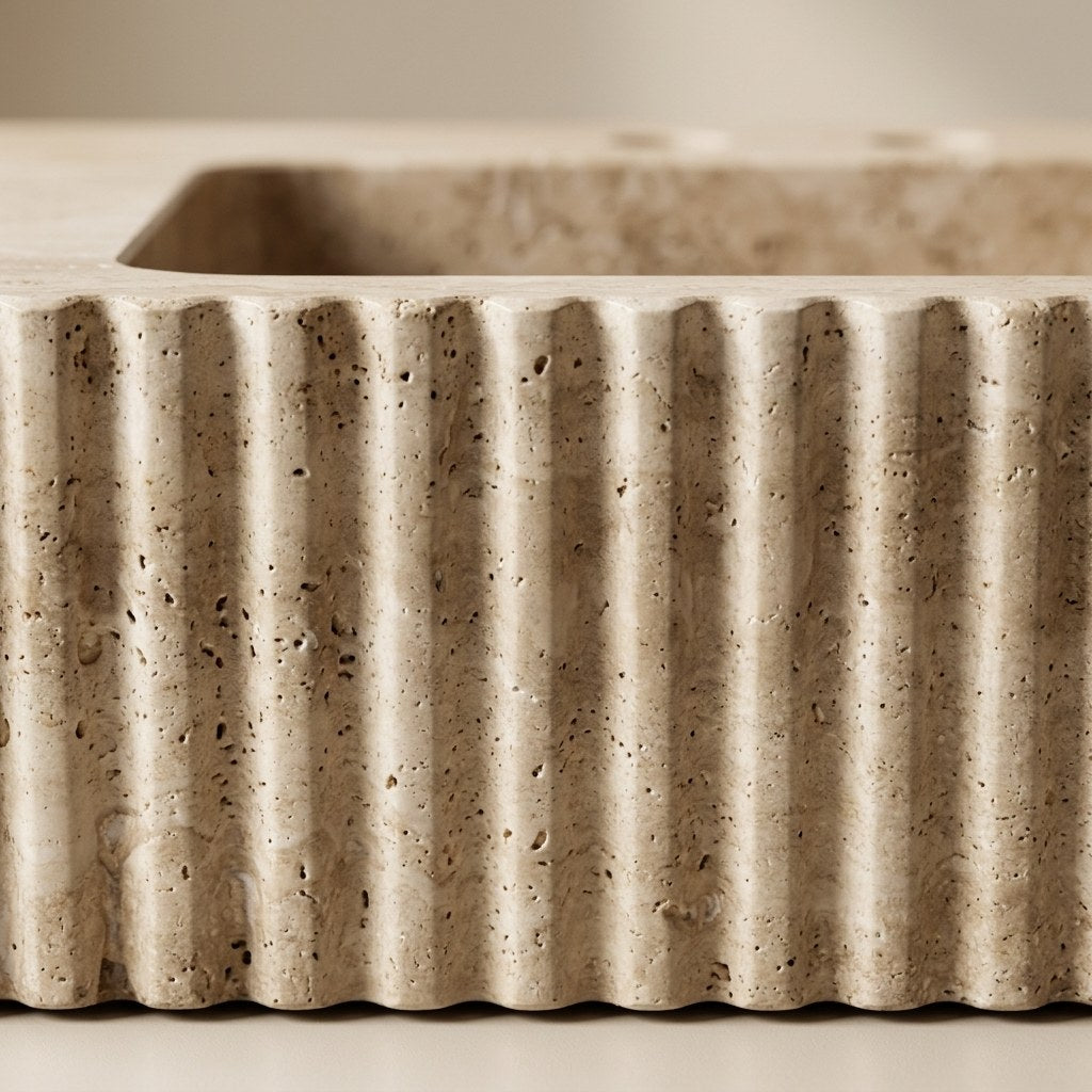 Travertine Fluted Marble Sink with Backsplash — marble detail — view 3