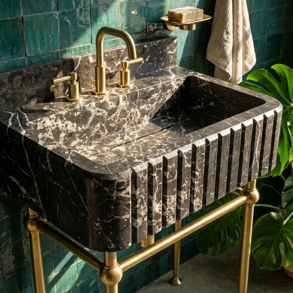 Pietra Notte Fluted Marble Sink with Brass Stand — premium — view 2