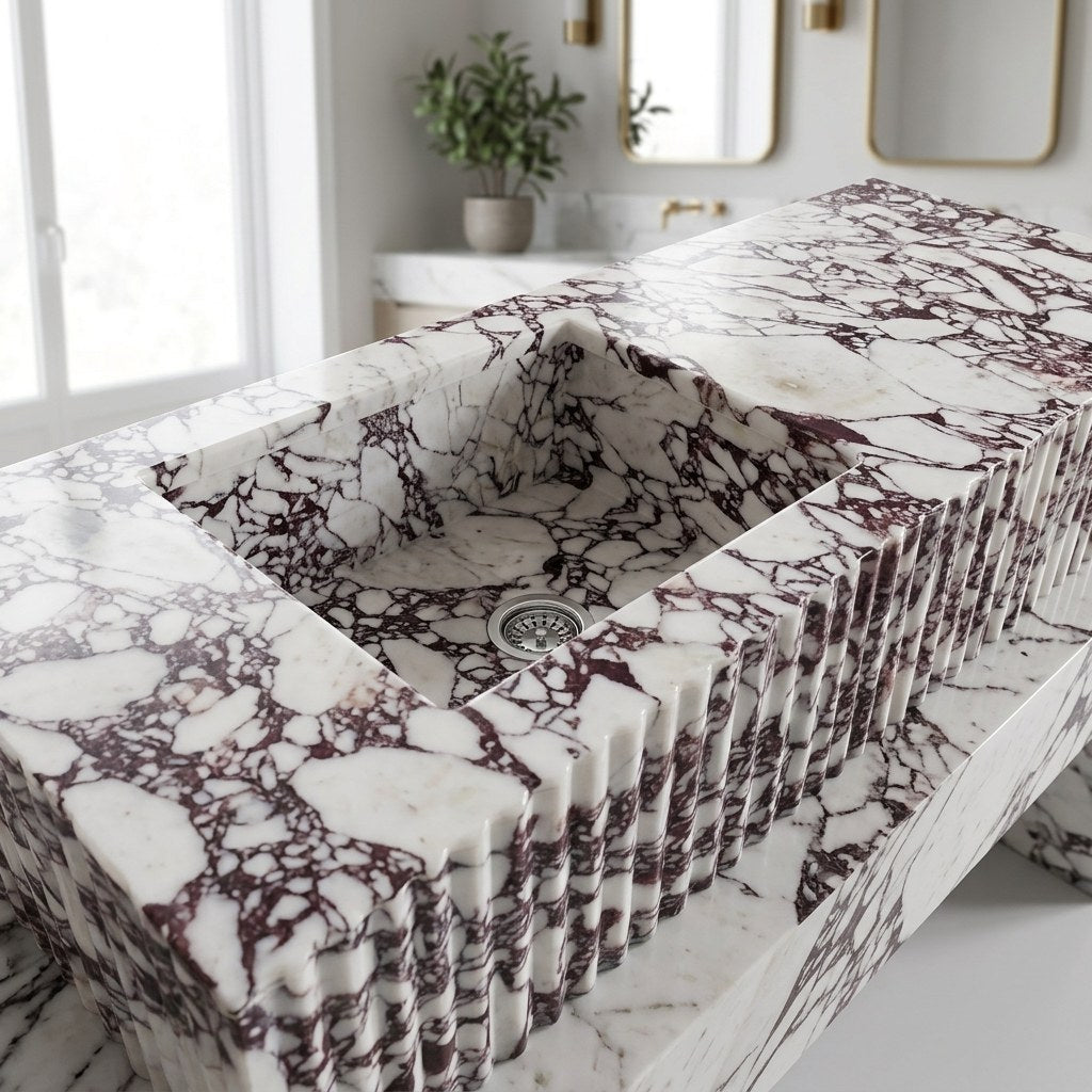 Calacatta Viola Fluted Polished Marble Sink — detail — view 4