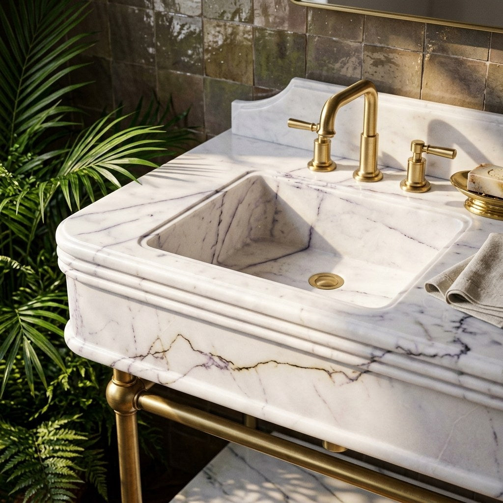 Lilac Marble Sink with Antique Brass Stand and Backsplash — premium — view 2