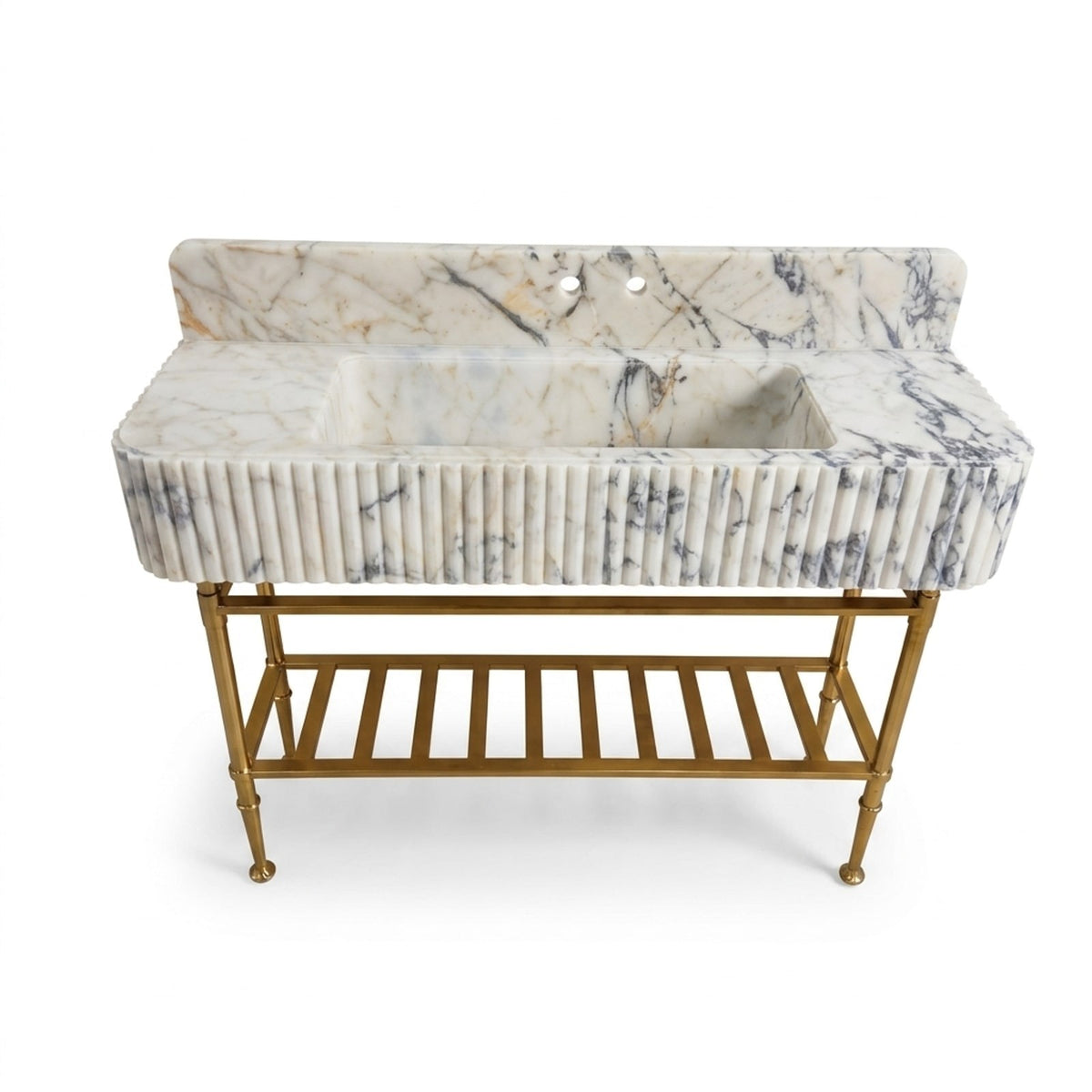 Calacatta Viola Fluted Marble Sink with Brass Stand and Backsplash — view 1