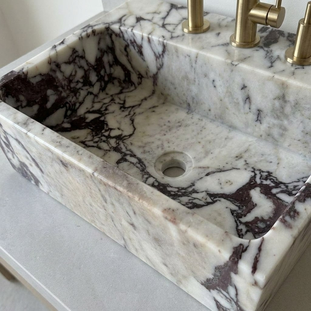 Calacatta Viola Polished Marble Sink with 3 Faucet Holes — detail — view 4