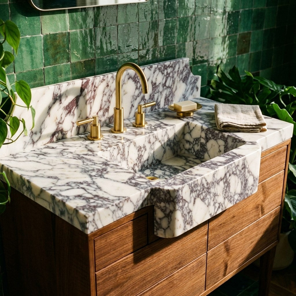 Calacatta Viola Honed Marble Vanity with Backsplash — premium — view 2