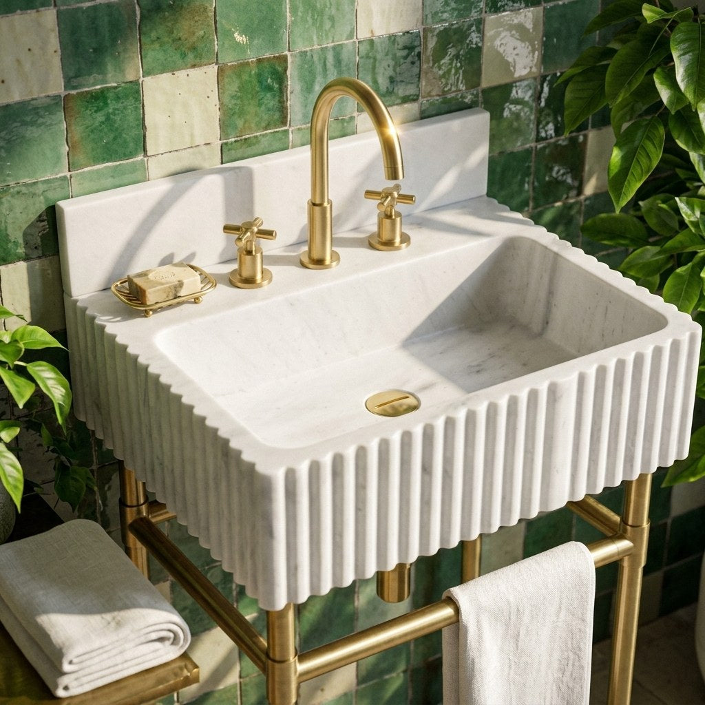 Carrara Fluted Marble Sink with Brass Stand — premium — view 2