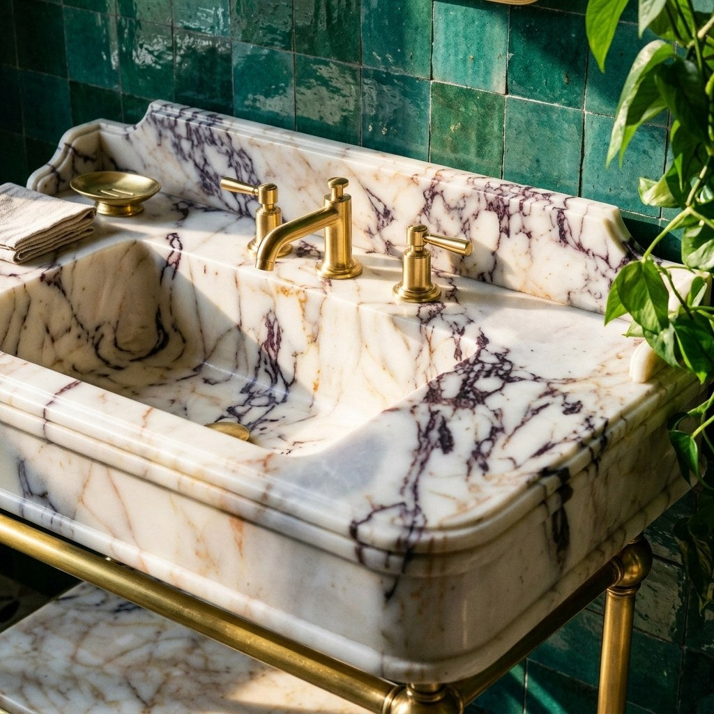 Calacatta Viola Marble Sink with Brass Gold Stand and Backsplash — premium — view 2