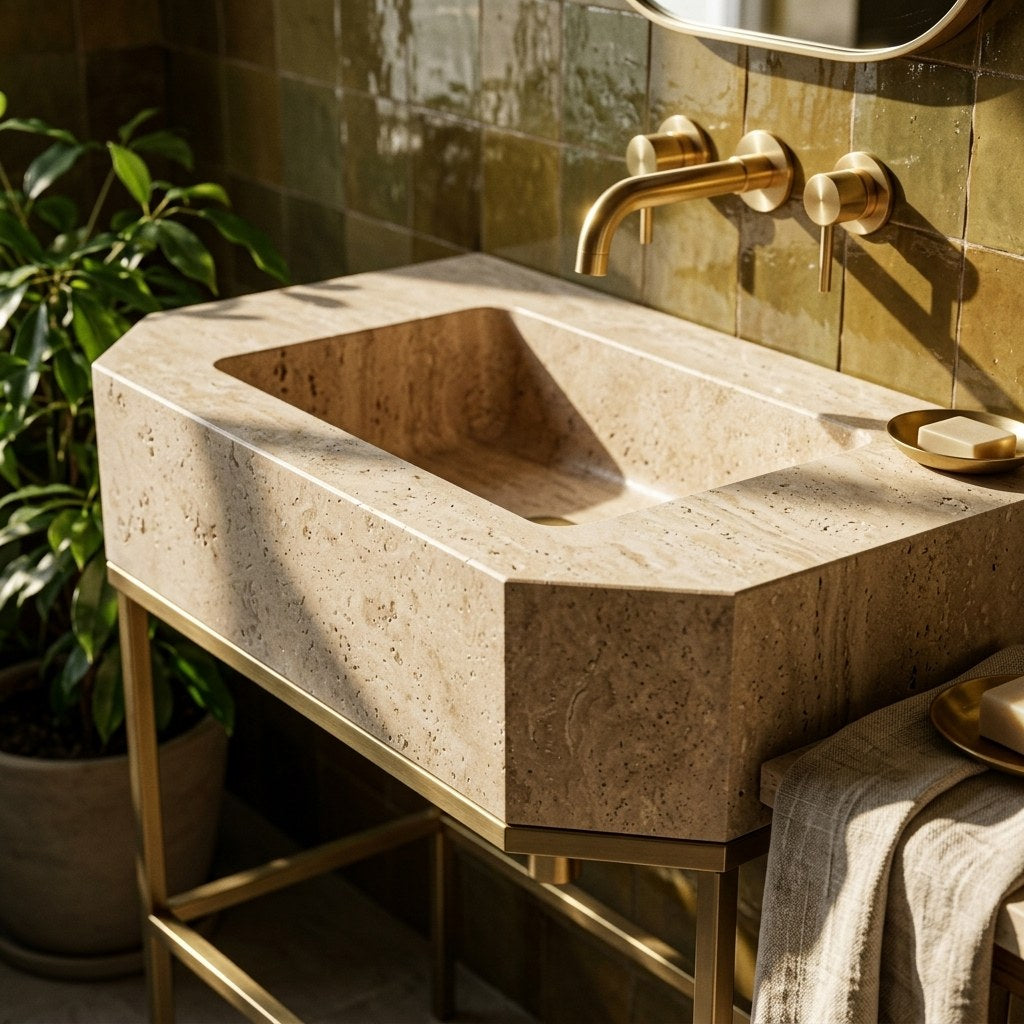 Polished Travertine Geometric Sink with Champagne Gold Base — premium — view 2