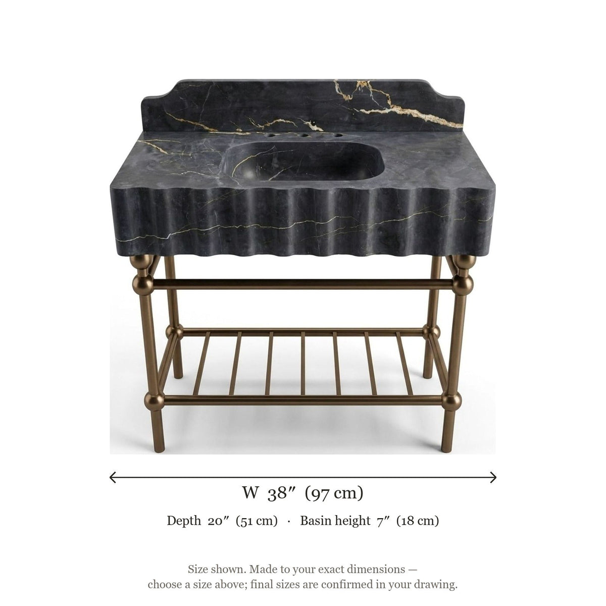 Pietra Notte Fluted Marble Sink with Metal Stand and Backsplash — dimensions — view 4