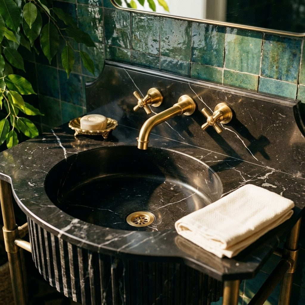 Pietra Notte Fluted Marble Sink with Brass Stand and Backsplash — premium — view 2