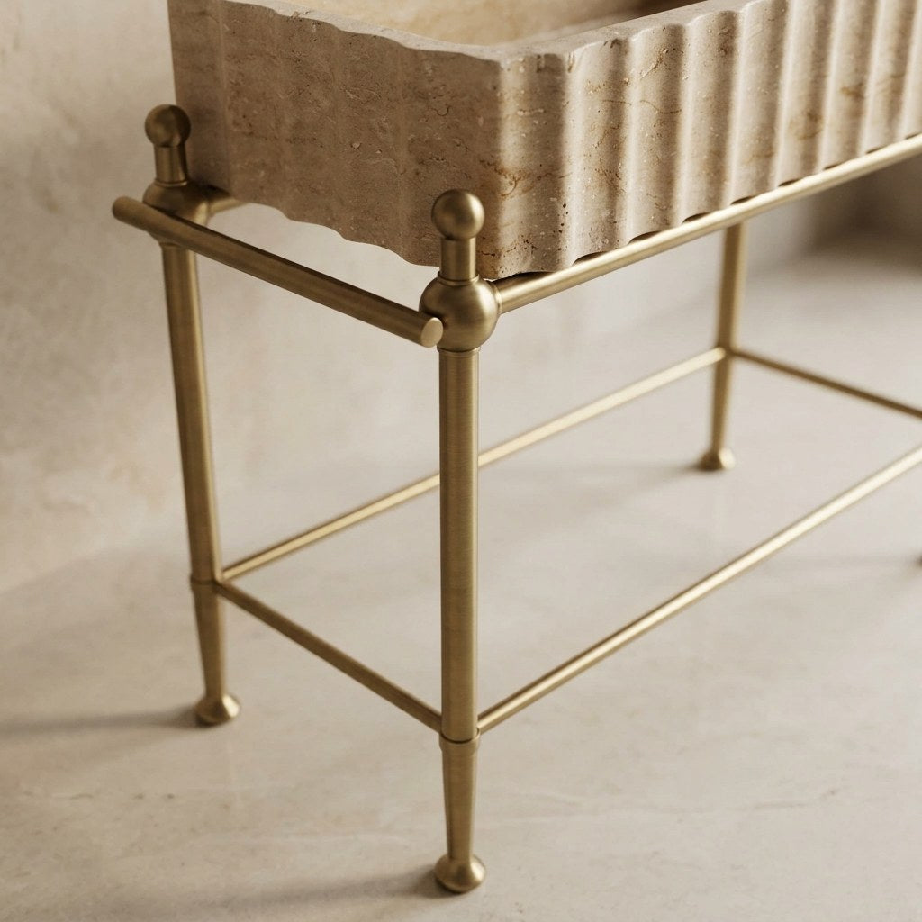 Polished Travertine Fluted Sink with Brass Stand — detail — view 4