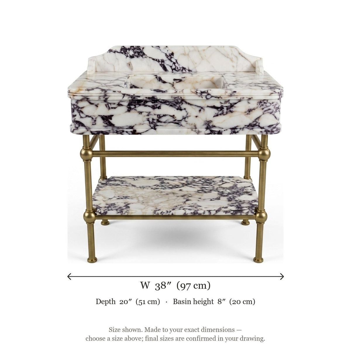 Calacatta Viola Marble Sink with Brass Stand and Backsplash — dimensions — view 2