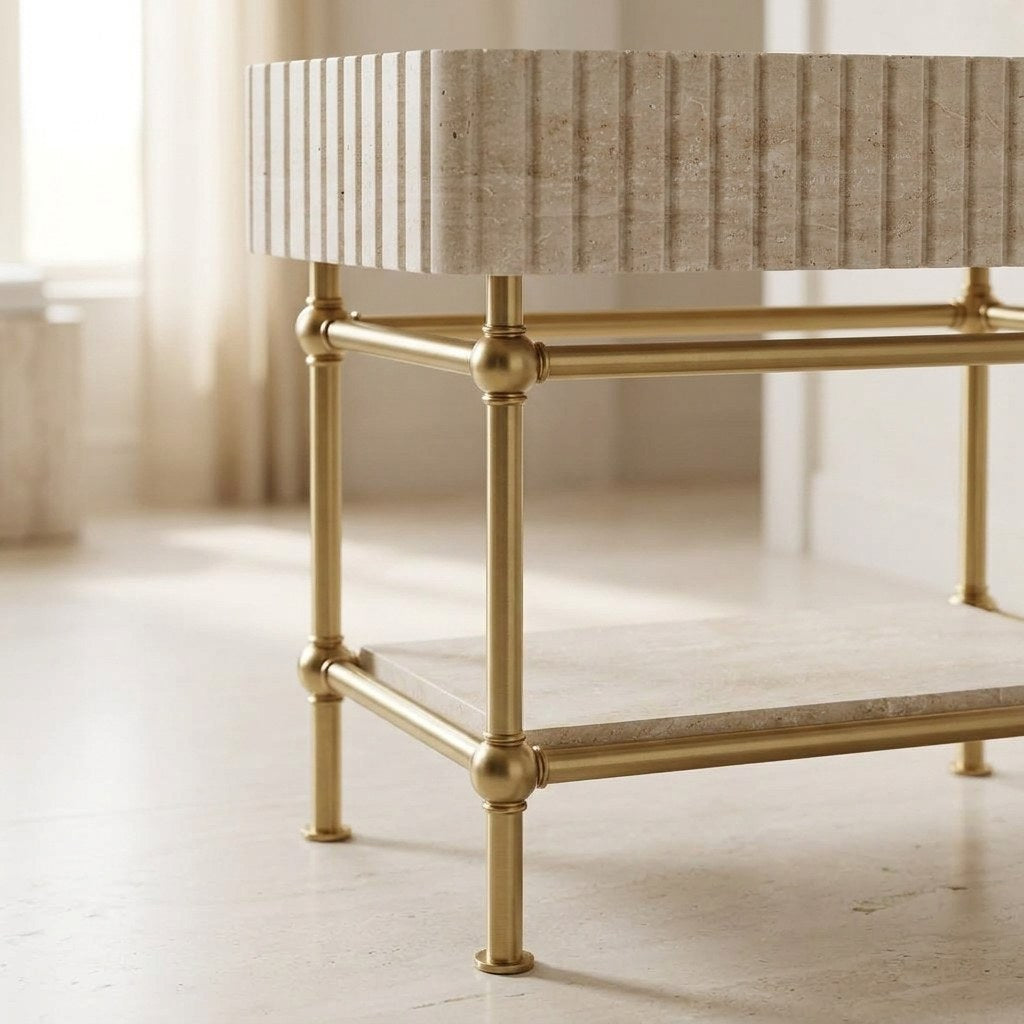 Honed Travertine Fluted Sink with Brass Stand — detail — view 4