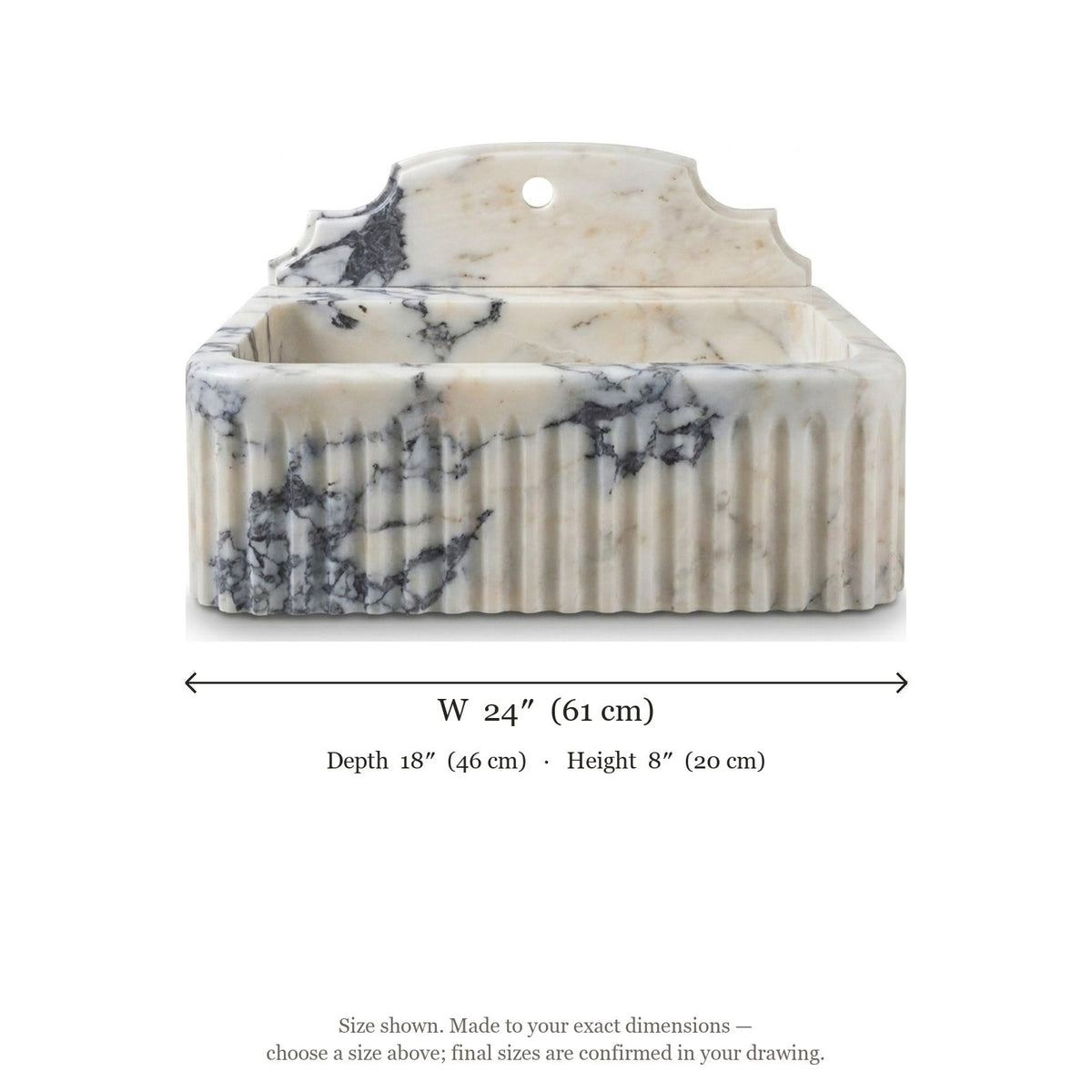 Calacatta Viola Fluted Marble Sink with Backsplash — dimensions — view 4