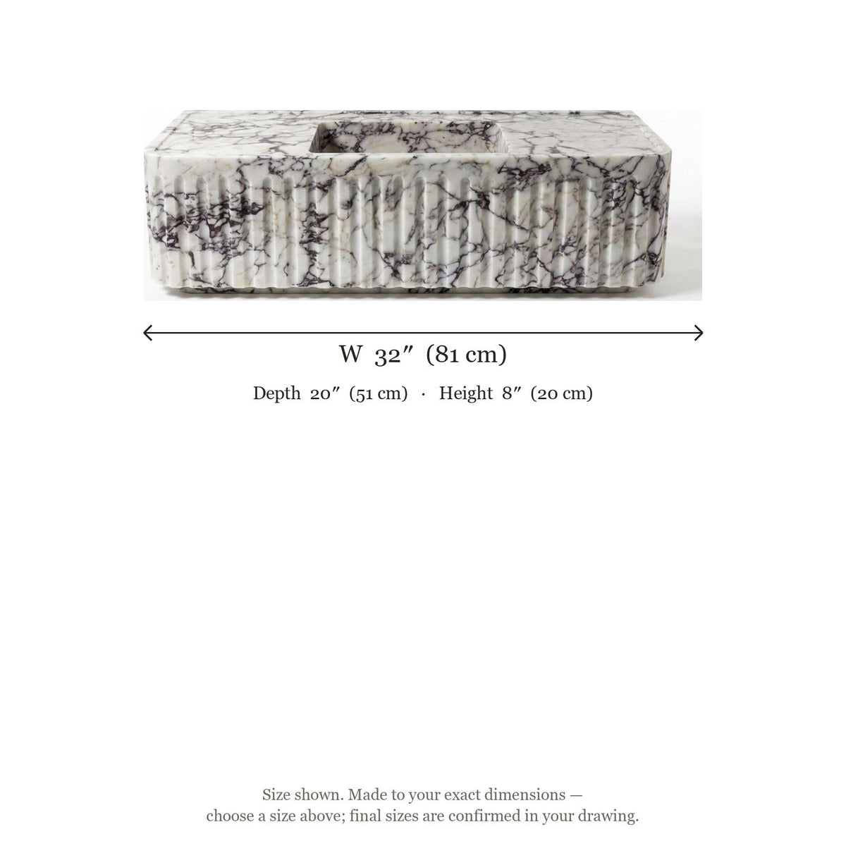 Calacatta Viola Fluted Polished Marble Sink — dimensions — view 5