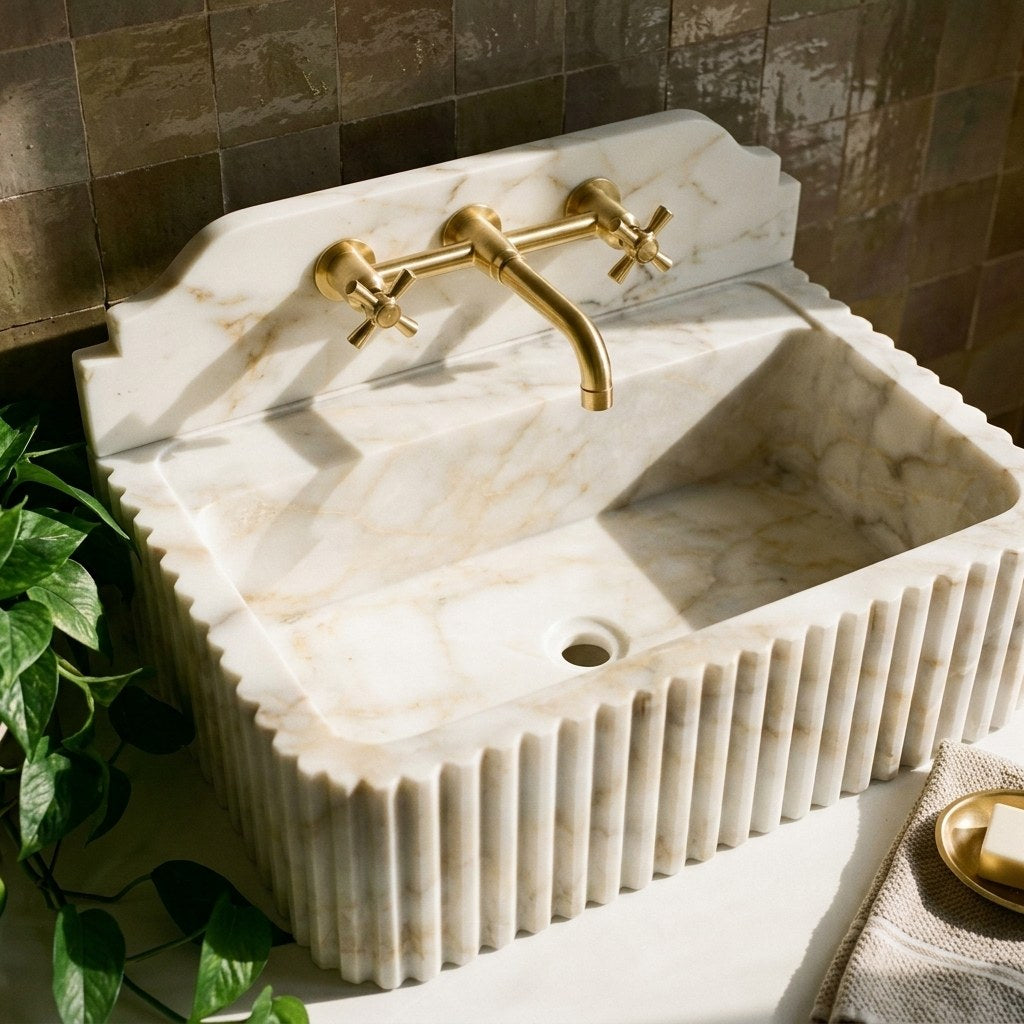 Calacatta Gold Fluted Marble Sink with Backsplash — premium — view 2