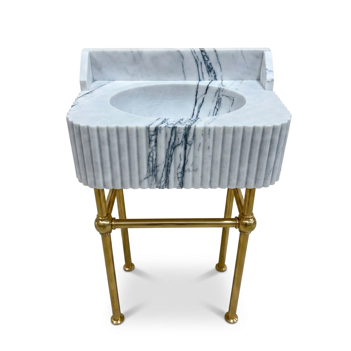 Carrara Fluted Marble Sink with Brass Stand and Backsplash — view 1