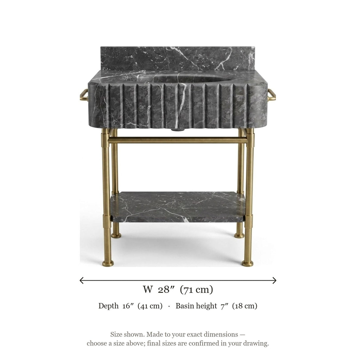 Pietra Notte Fluted Marble Sink with Brass Stand — dimensions — view 5