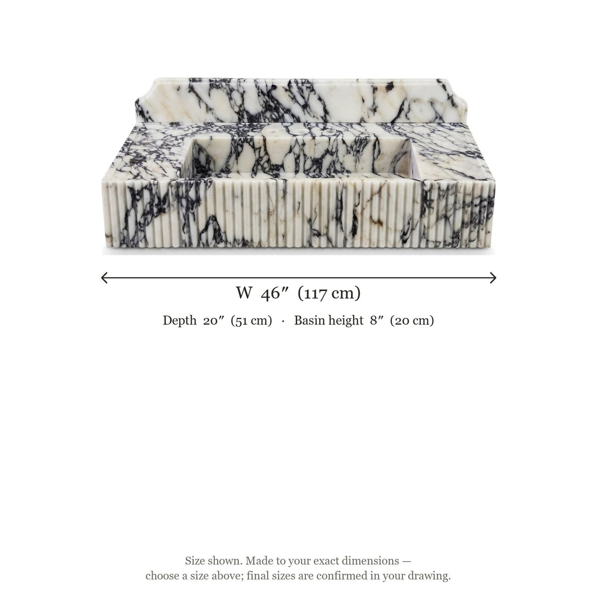 Calacatta Viola Fluted Marble Sink with Backsplash — dimensions — view 5