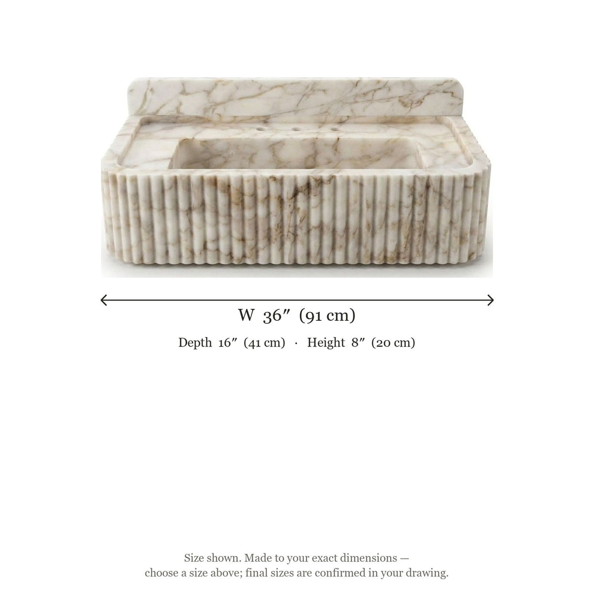 Calacatta Gold Fluted Marble Sink with Backsplash — dimensions — view 5