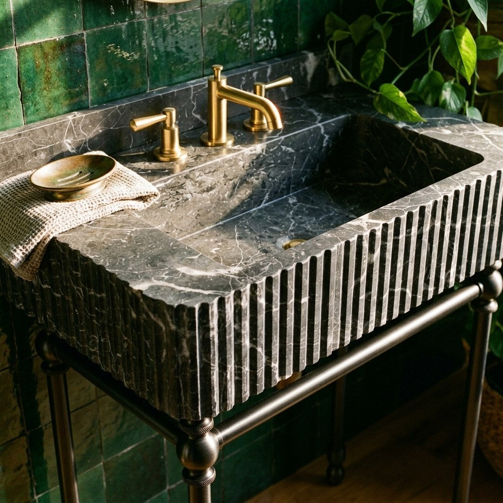 Pietra Notte Fluted Marble Sink with Brass Stand — premium — view 2